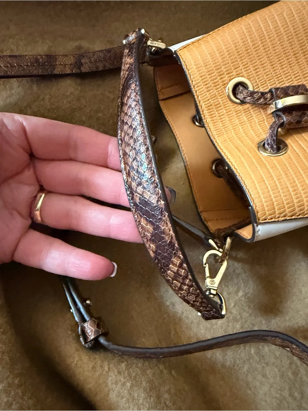 Michael Kors Tan, Cream & Brown Snake Print Mini Bucket Crossbody w/ Top Handle